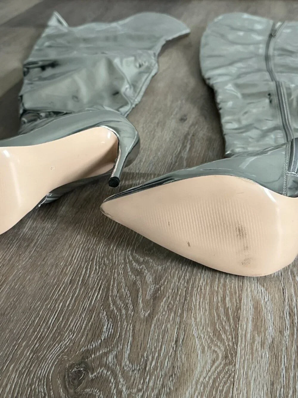Metallic Thigh High Pointed Toe Stiletto Heel Boots with Side Zipper US Size 9